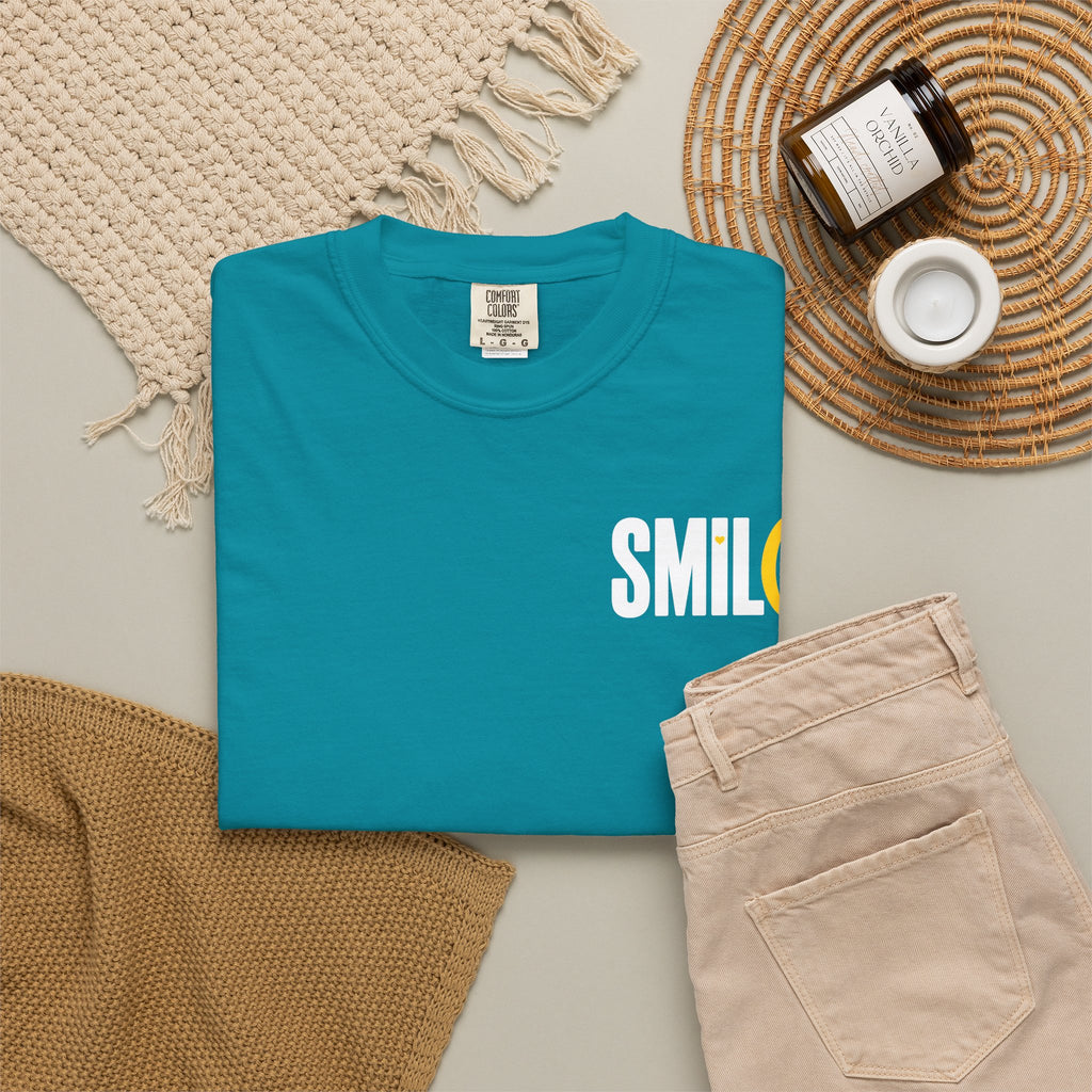 SMIL(: IT’S FREE. White & Yellow Front-and-Back Garment-Dyed Tee