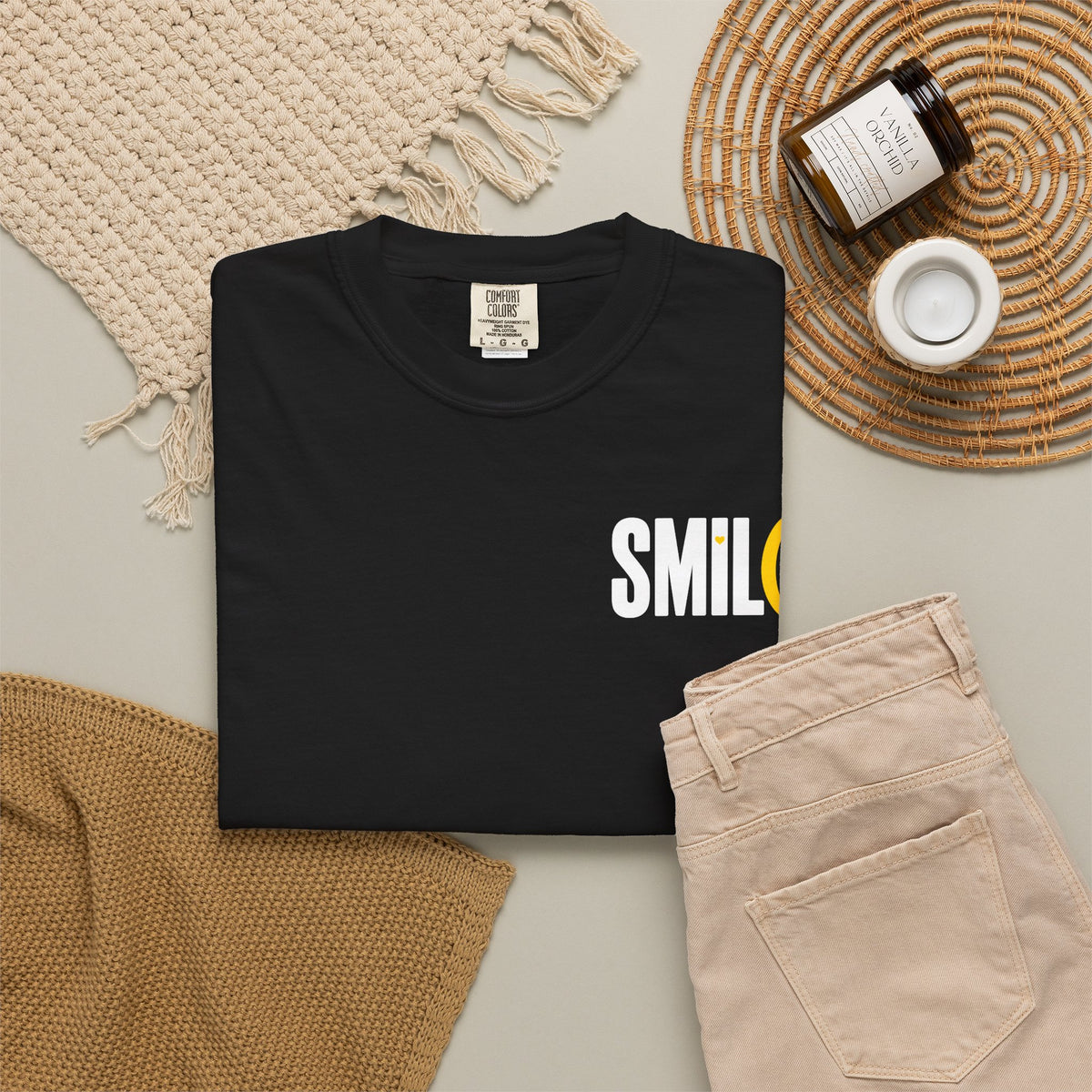 SMIL(: IT’S FREE. White & Yellow Front-and-Back Garment-Dyed Tee
