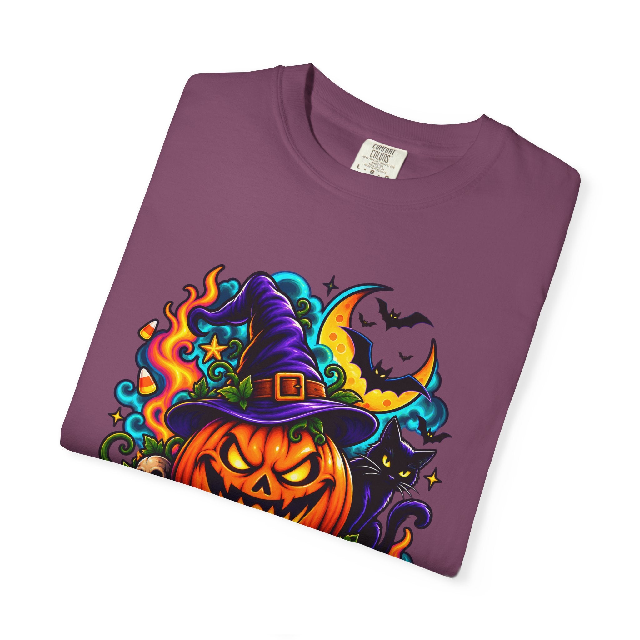 Unisex Halloween Pumpkin & Black Cat T-Shirt | Colorful Spooky Adult Tee