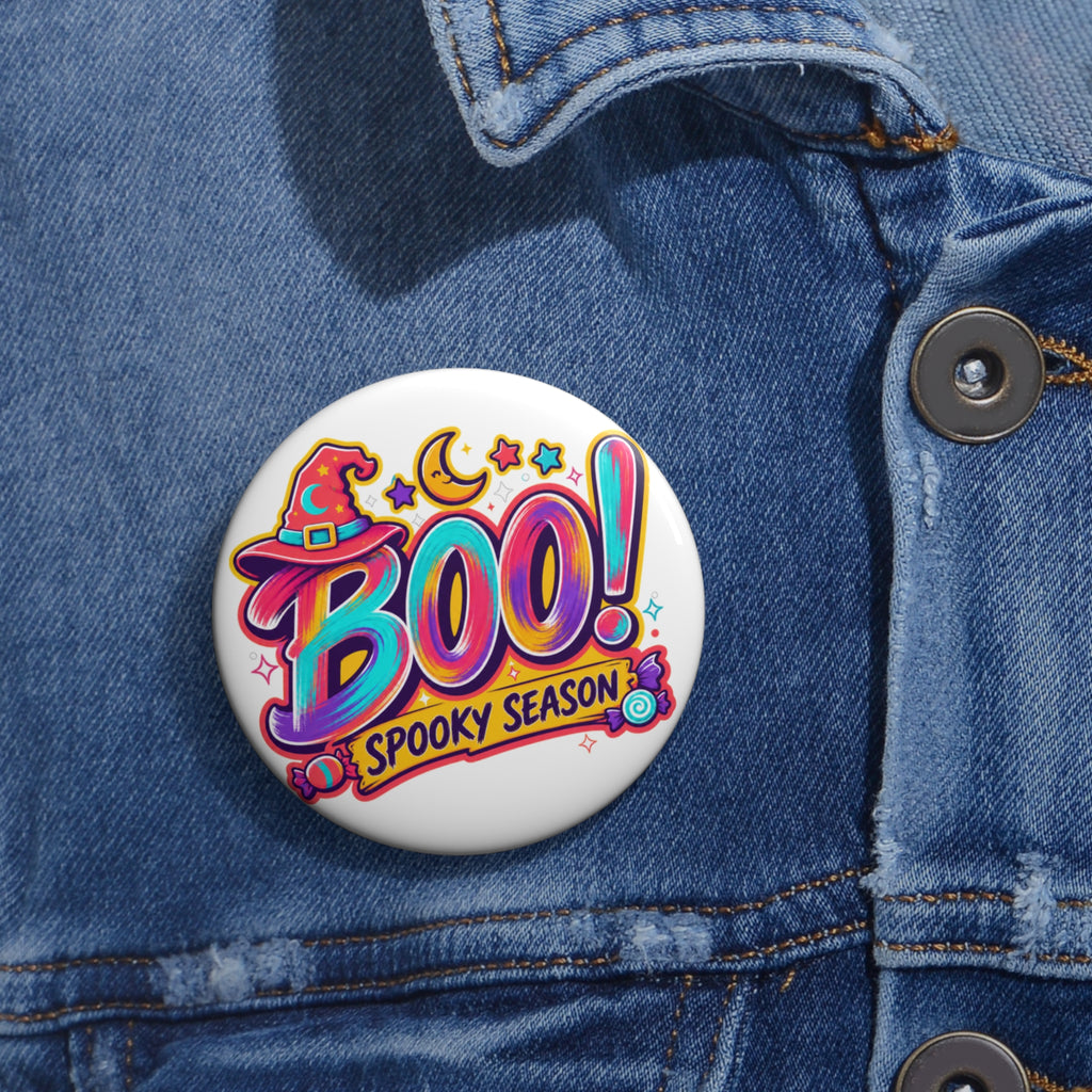 BOO Halloween Button Pin, Colorful Spooky Season Witch Hat Badge