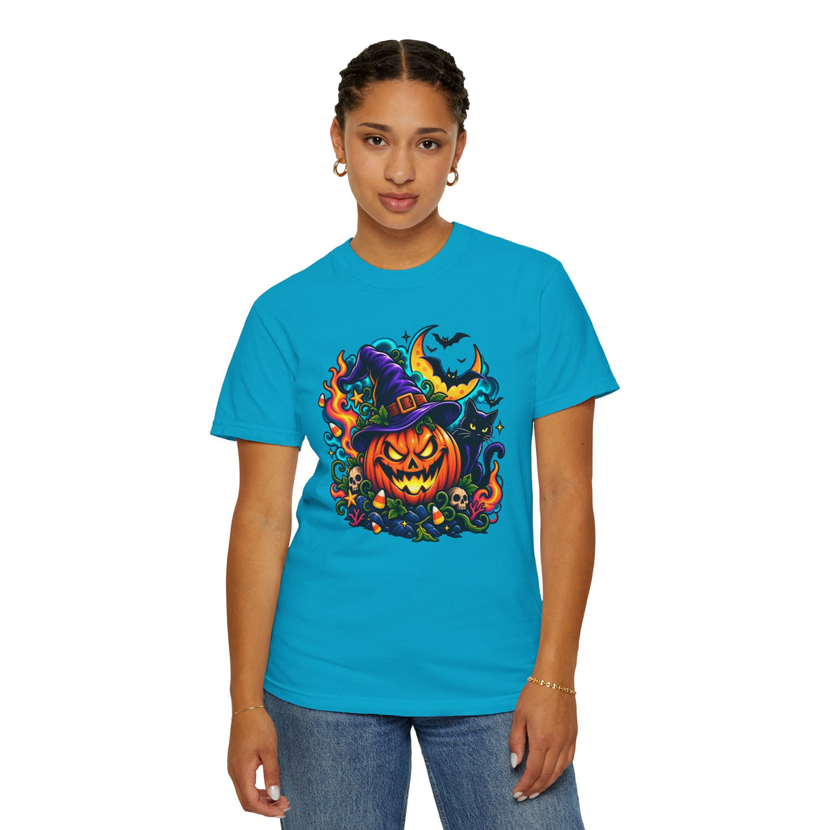 Unisex Halloween Pumpkin & Black Cat T-Shirt | Colorful Spooky Adult Tee