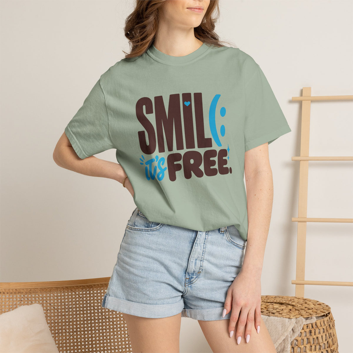 SMIL(: IT’S FREE. Brown & Bright Blue Garment-Dyed Graphic Tee