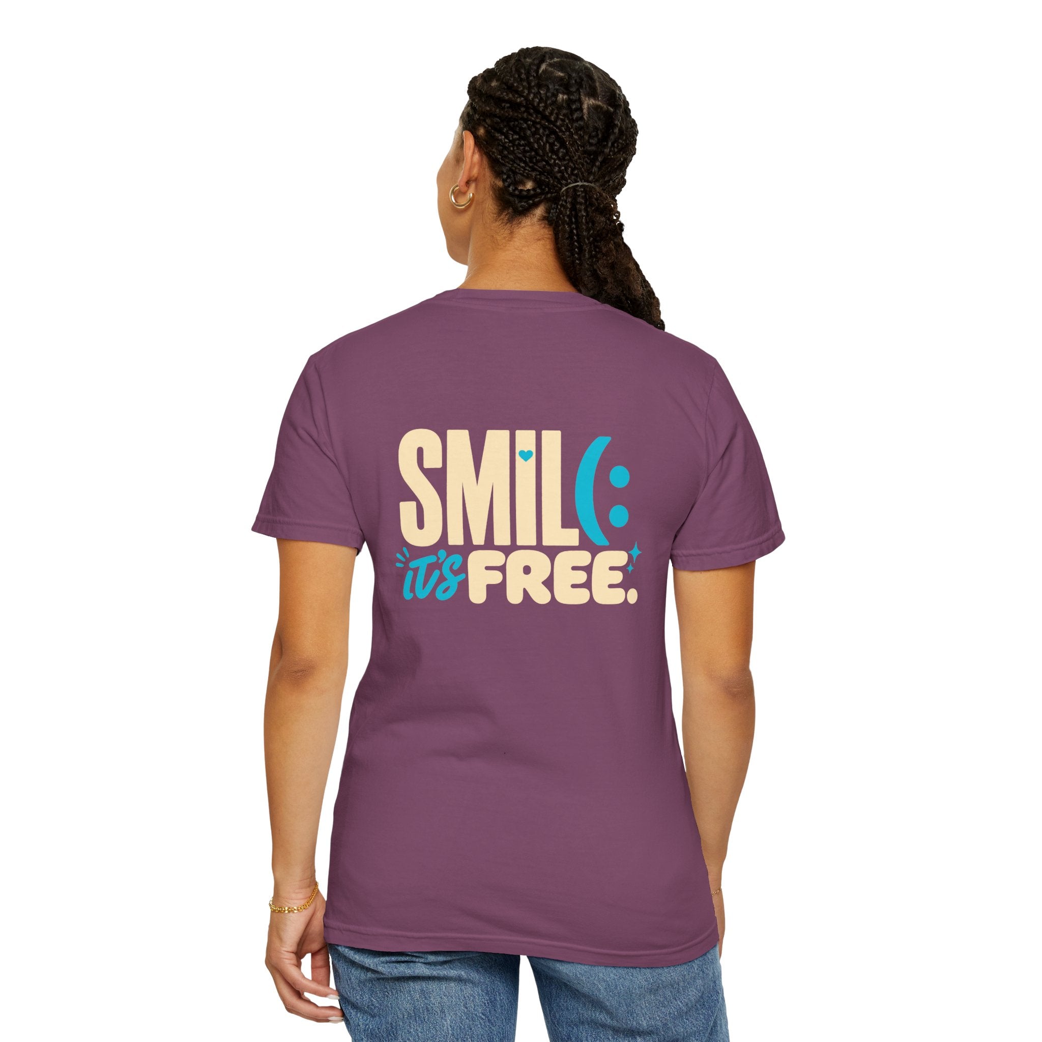 SMIL(: IT’S FREE. Charcoal & Plum Front-and-Back Tee