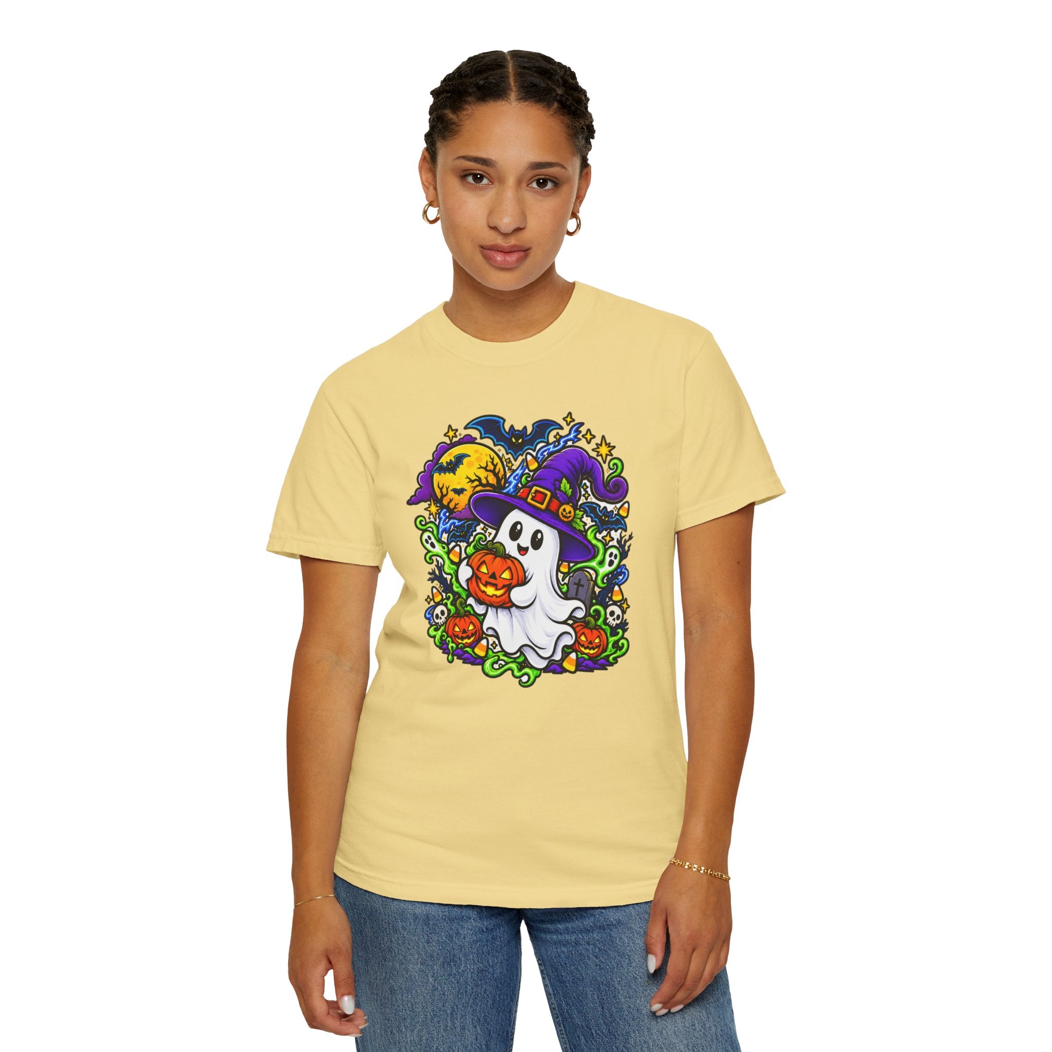 Unisex Halloween Ghost & Pumpkin Tee | Vibrant Spooky Adult Shirt