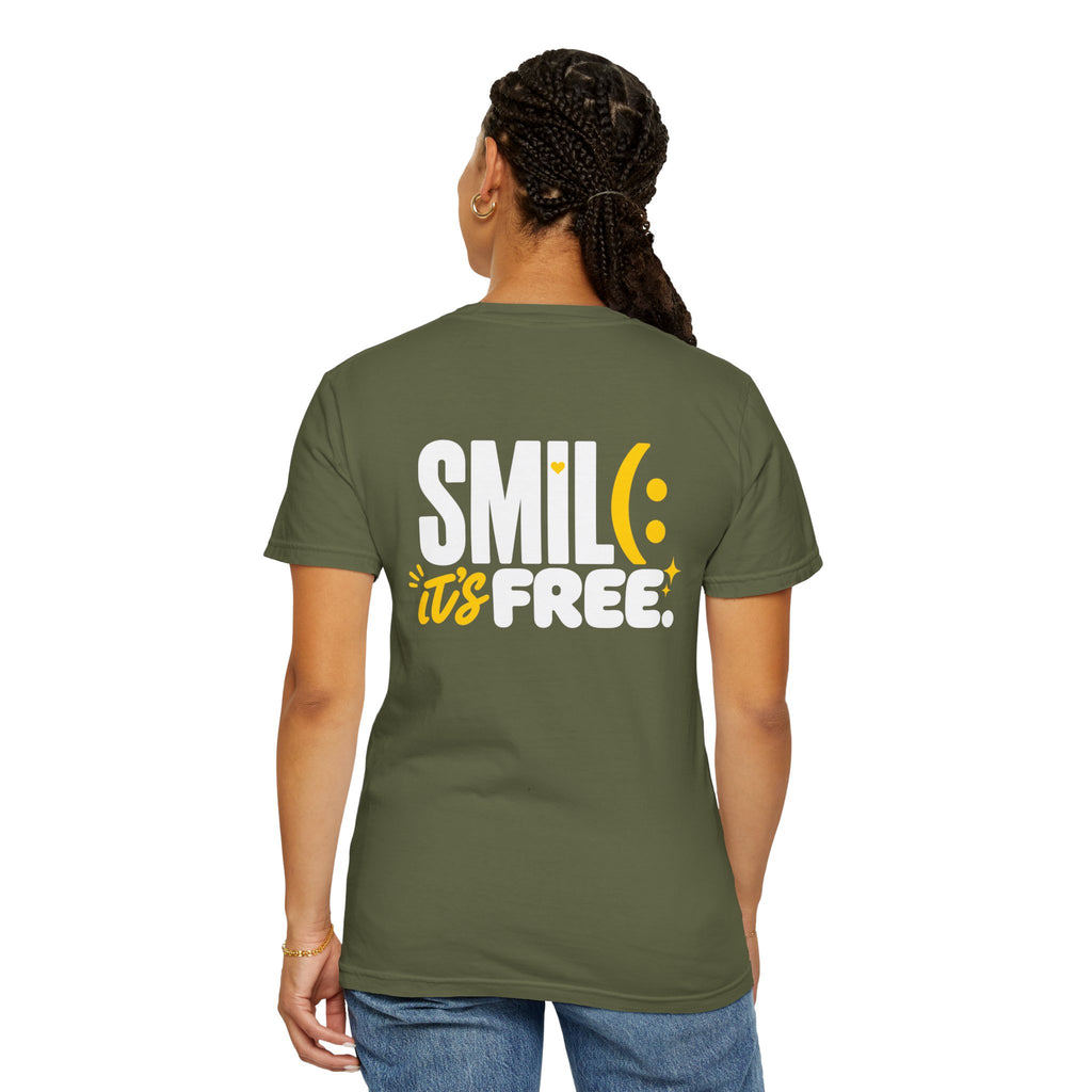 SMIL(: IT’S FREE. White & Yellow Front-and-Back Garment-Dyed Tee