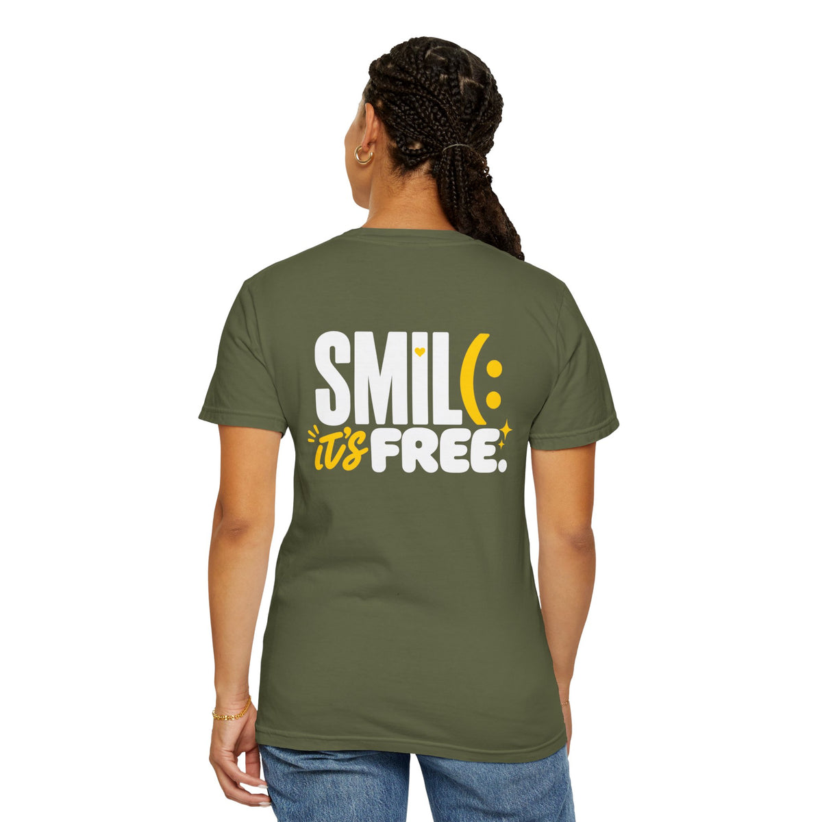 SMIL(: IT’S FREE. White & Yellow Front-and-Back Garment-Dyed Tee