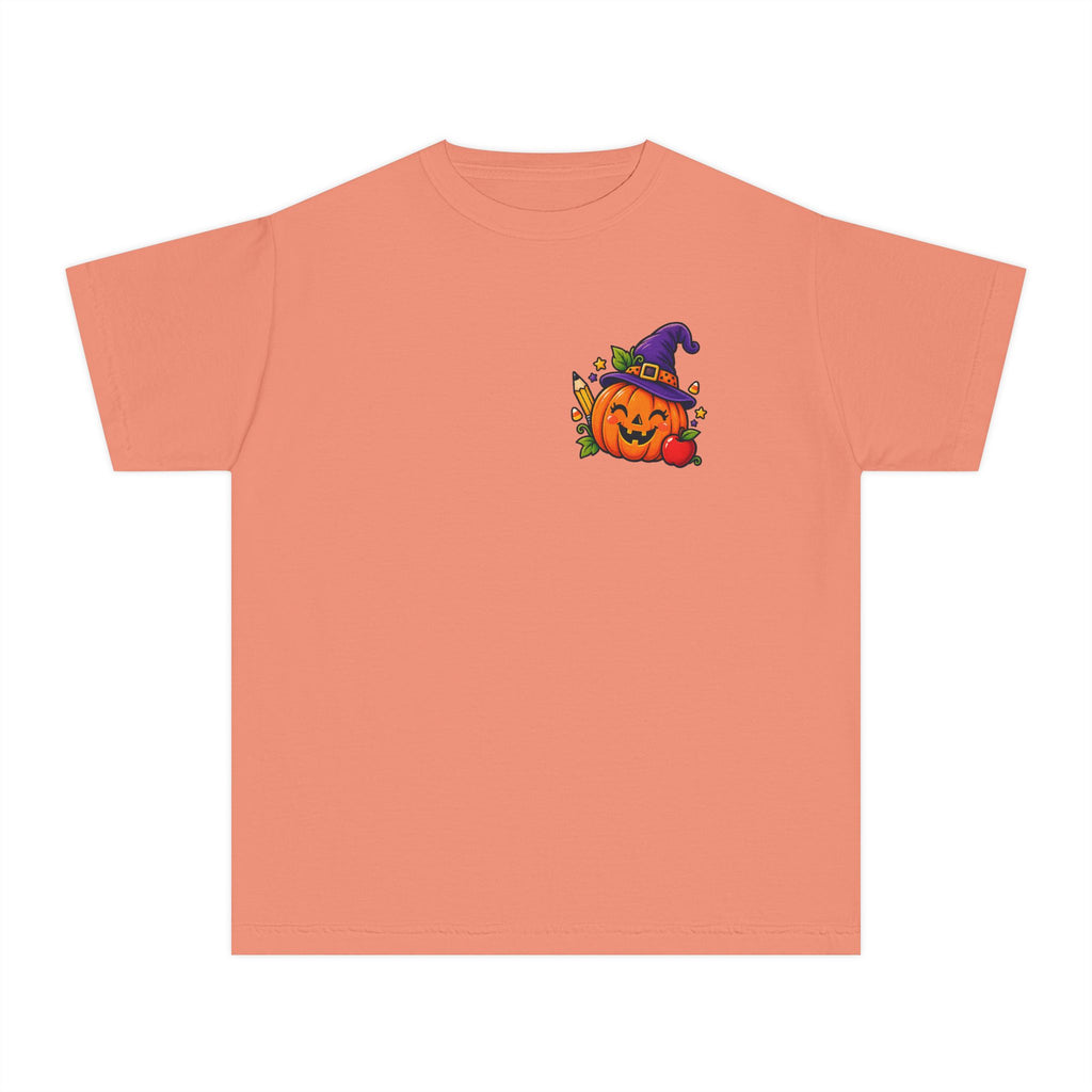 Kids Halloween Pumpkin Witch Hat Tee — Cute Jack-O'-Lantern with Apple & Pencils