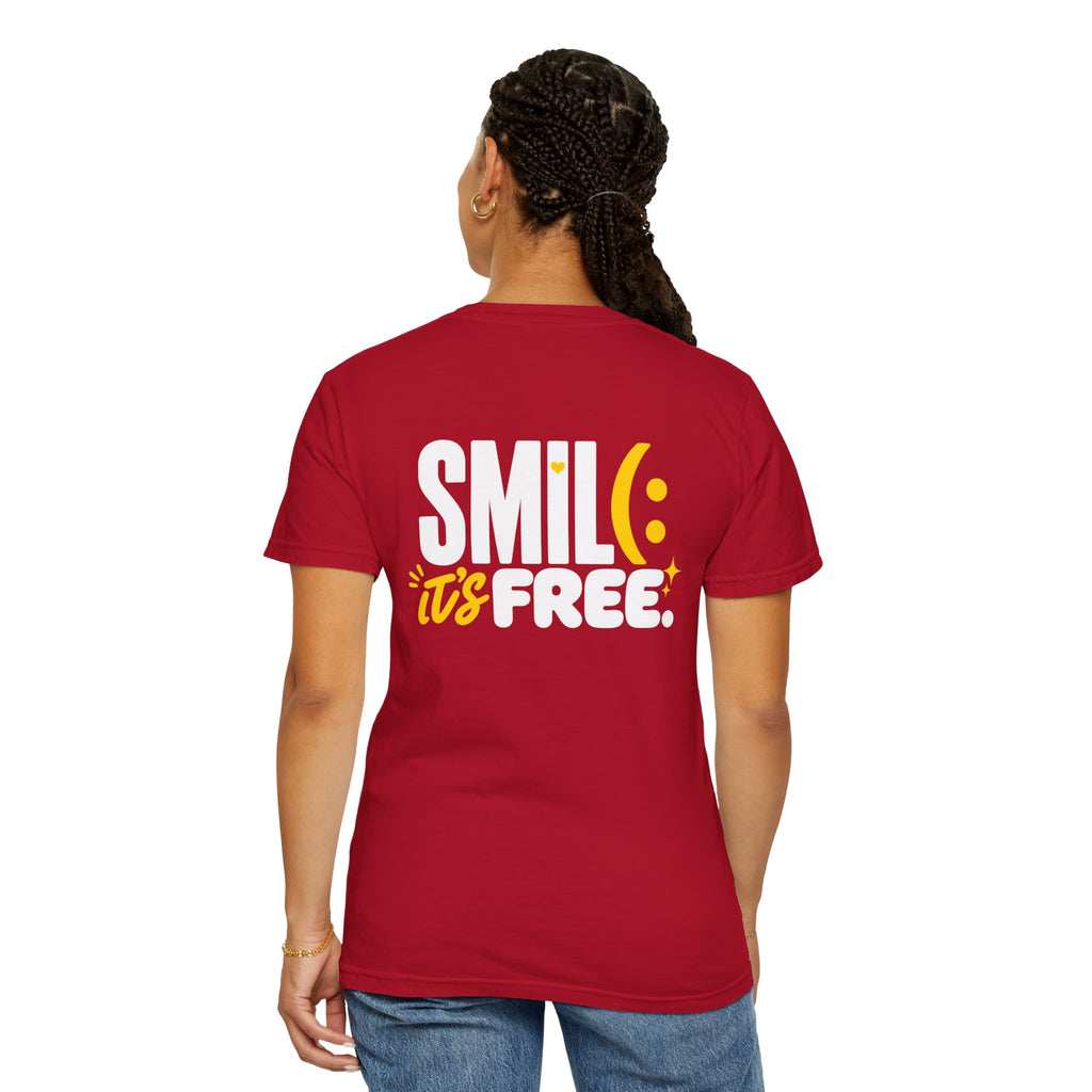 SMIL(: IT’S FREE. White & Yellow Front-and-Back Garment-Dyed Tee