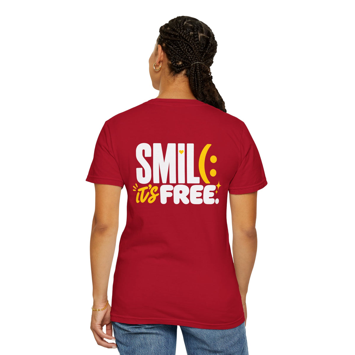 SMIL(: IT’S FREE. White & Yellow Front-and-Back Garment-Dyed Tee
