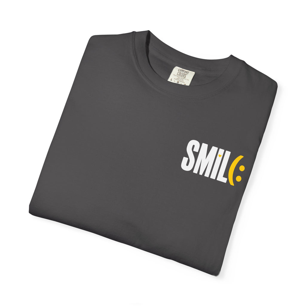 SMIL(: IT’S FREE. White & Yellow Front-and-Back Garment-Dyed Tee