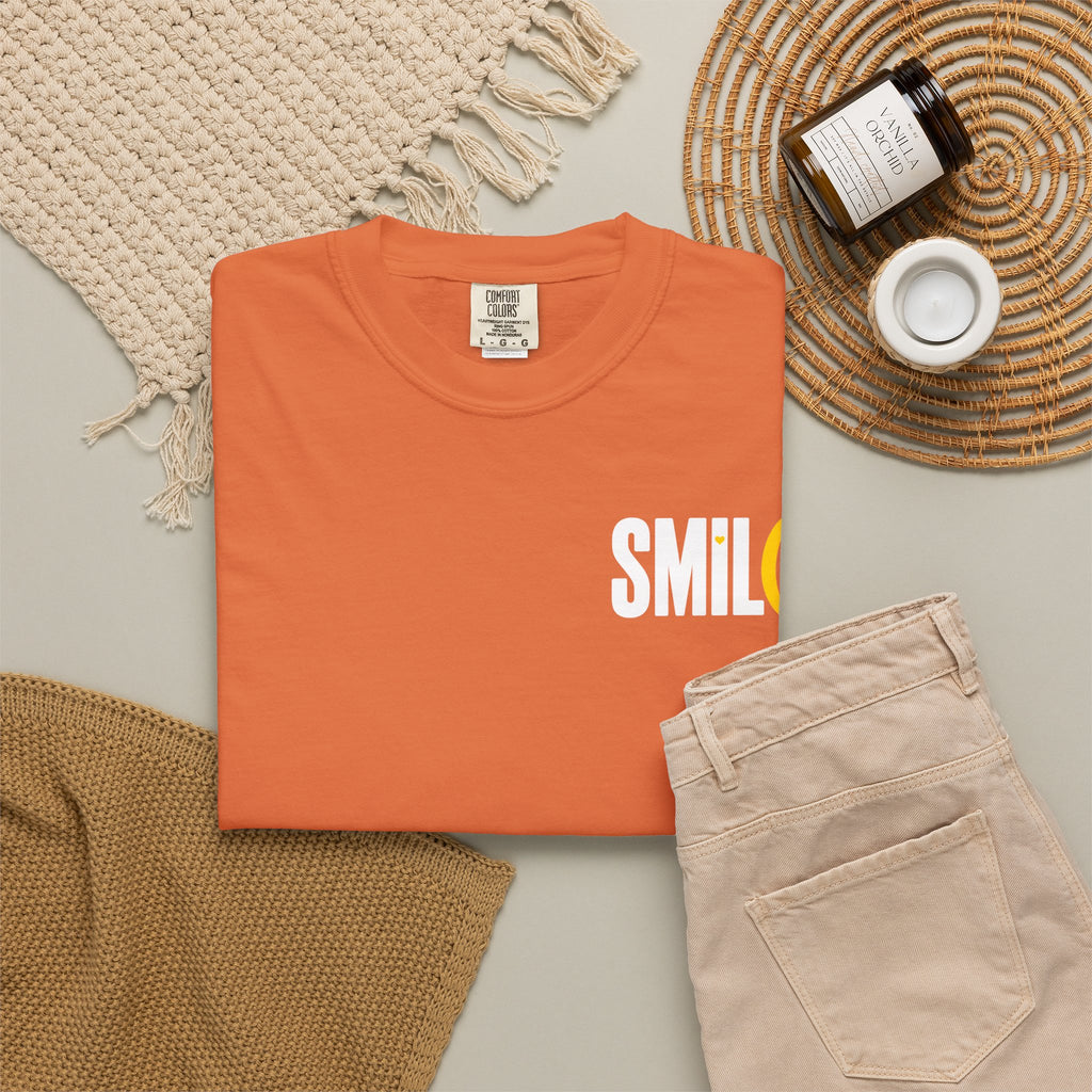 SMIL(: IT’S FREE. White & Yellow Front-and-Back Garment-Dyed Tee