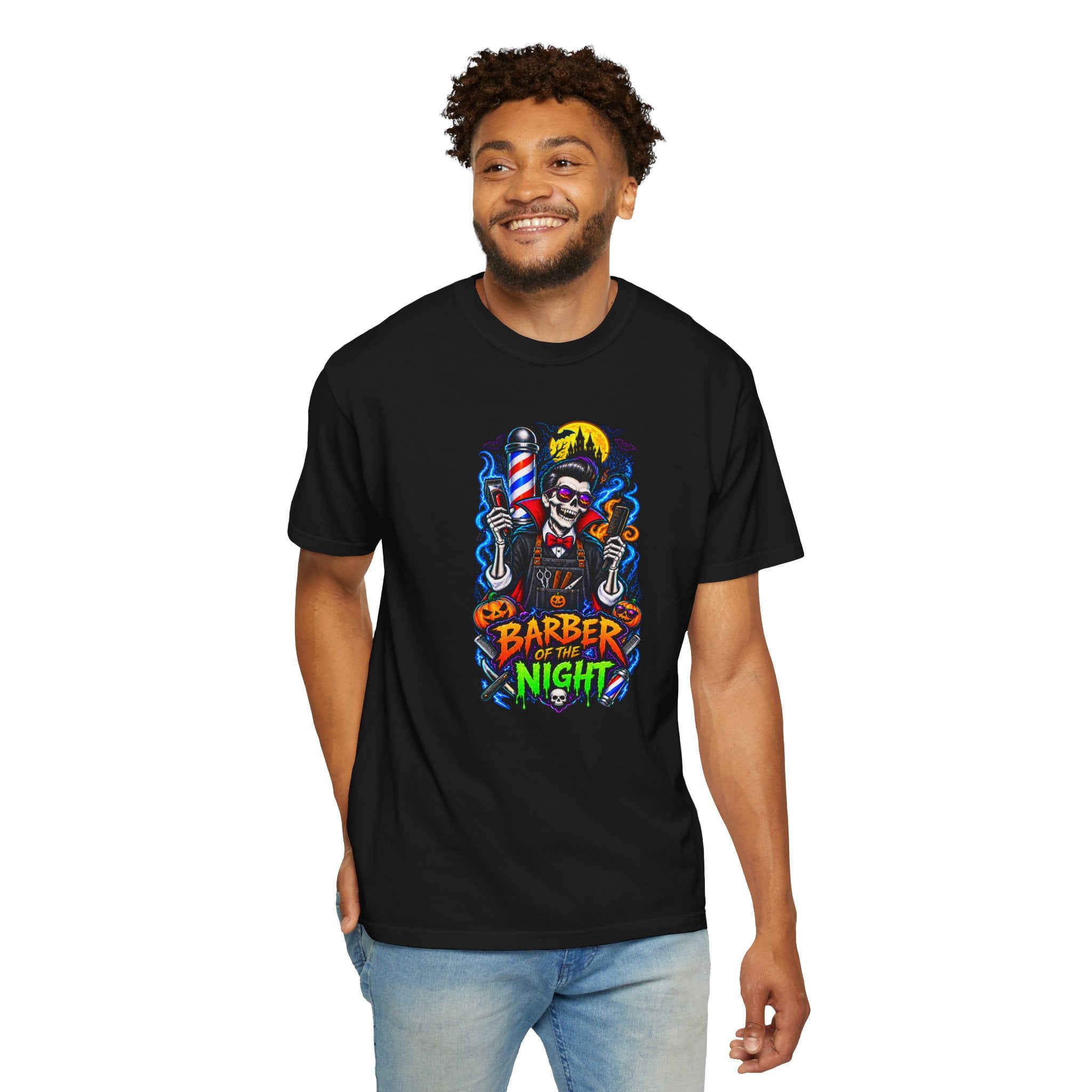 Barber of the Night Halloween Tee – Adult Unisex Barbershop Shirt