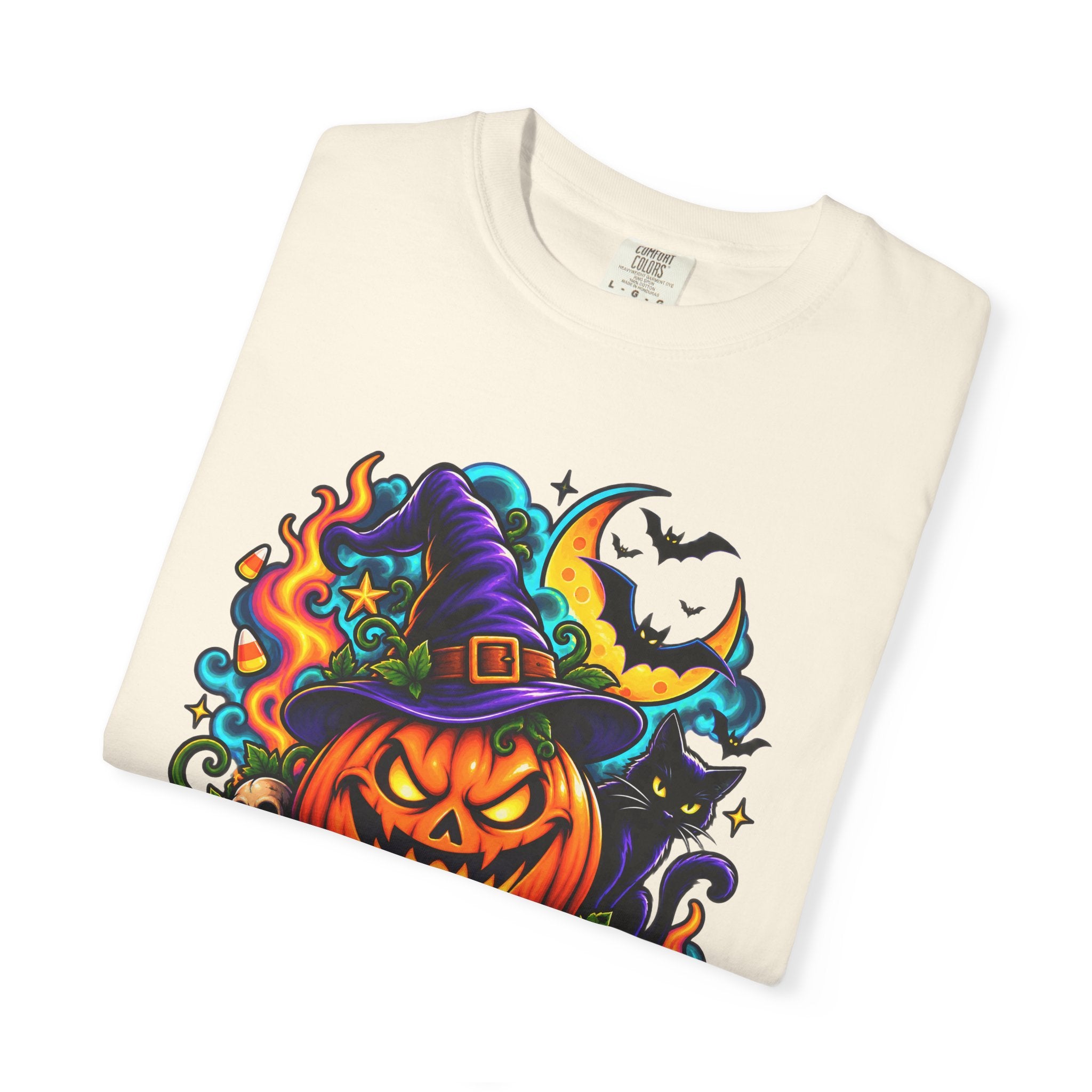 Unisex Halloween Pumpkin & Black Cat T-Shirt | Colorful Spooky Adult Tee