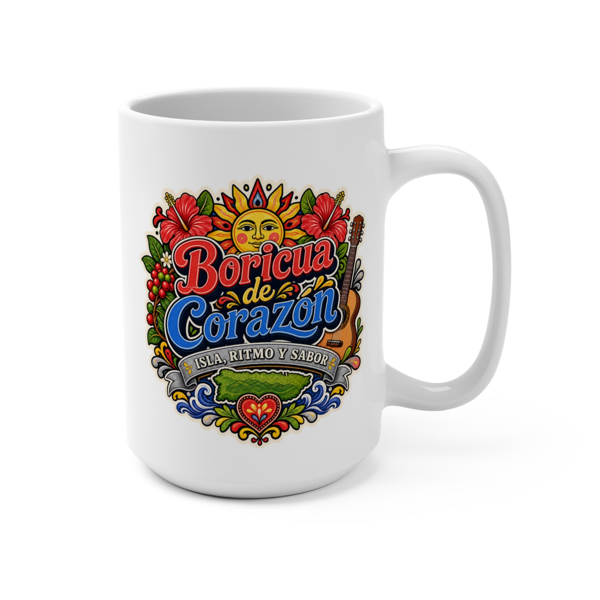 Boricua de Corazón Mug - Isla Ritmo y Sabor Coffee Cup - Puerto Rican Pride Gift for Boricuas, Families and Music Lovers