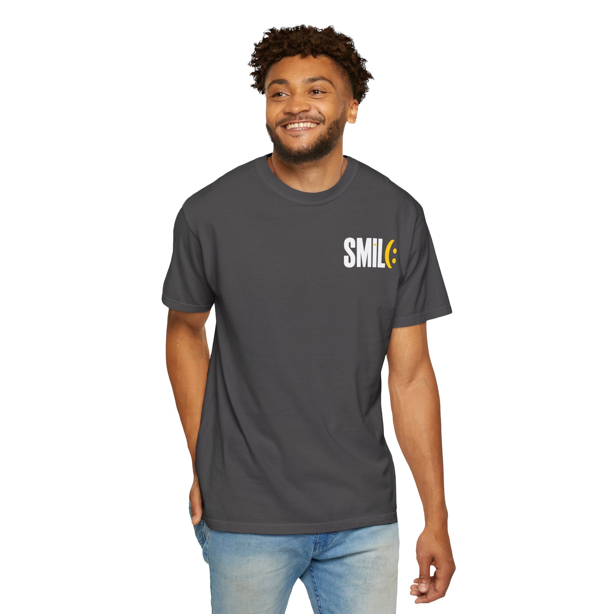 SMIL(: IT’S FREE. White & Yellow Front-and-Back Garment-Dyed Tee