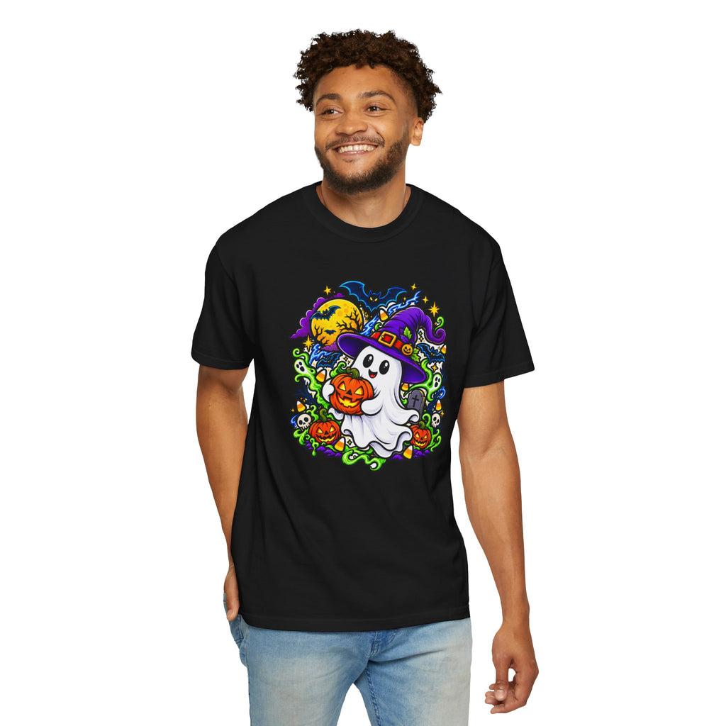 Unisex Halloween Ghost & Pumpkin Tee | Vibrant Spooky Adult Shirt
