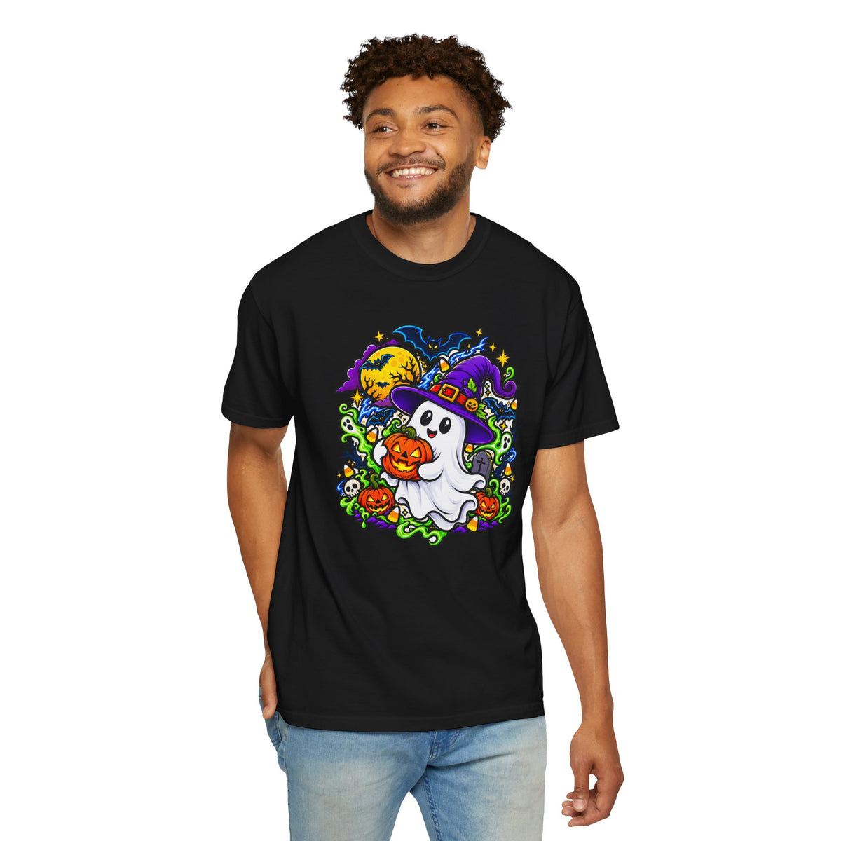 Unisex Halloween Ghost & Pumpkin Tee | Vibrant Spooky Adult Shirt