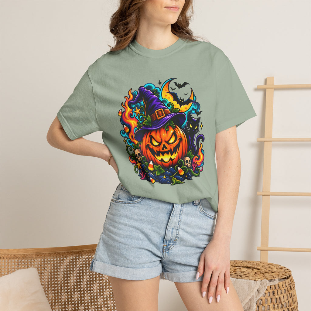 Unisex Halloween Pumpkin & Black Cat T-Shirt | Colorful Spooky Adult Tee