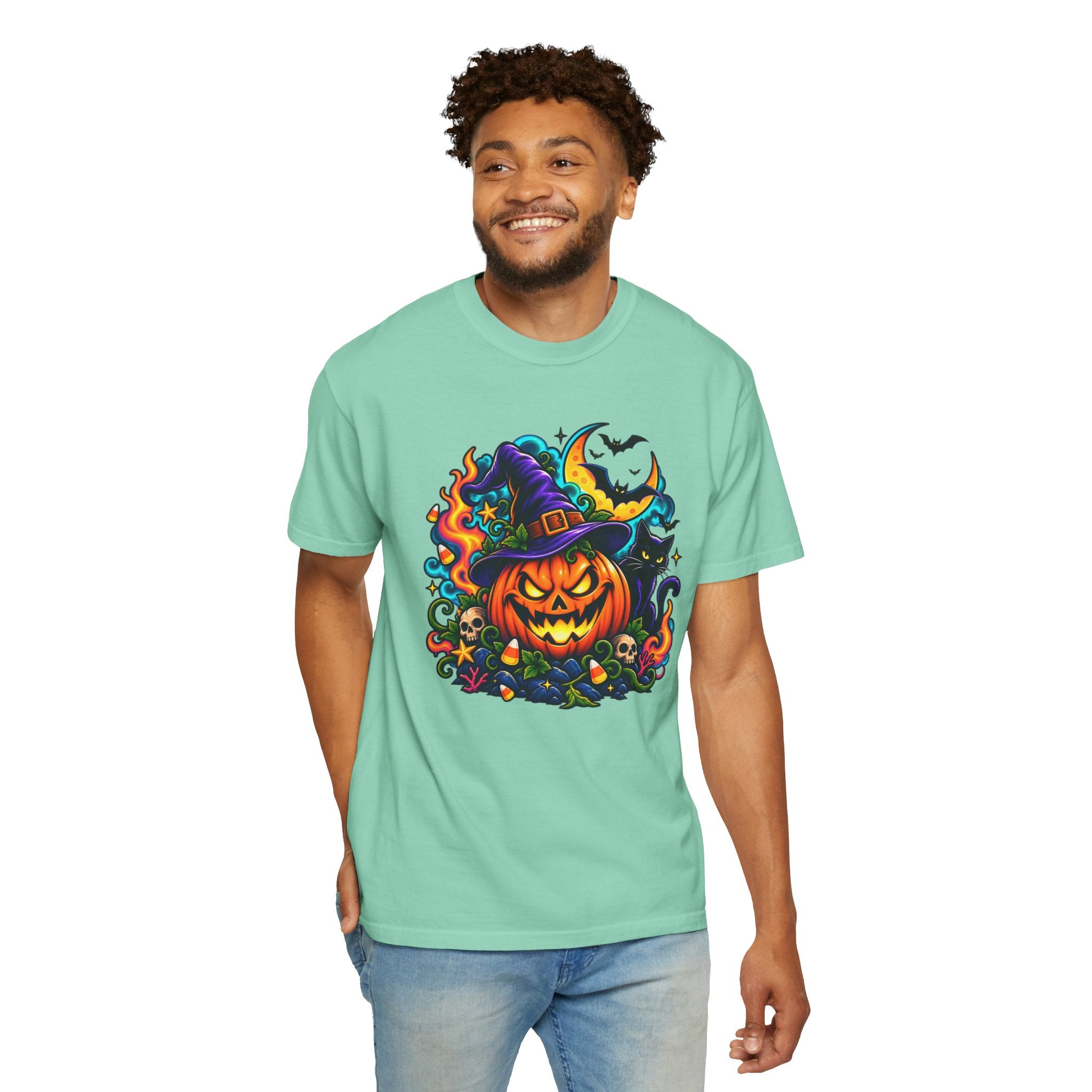 Unisex Halloween Pumpkin & Black Cat T-Shirt | Colorful Spooky Adult Tee