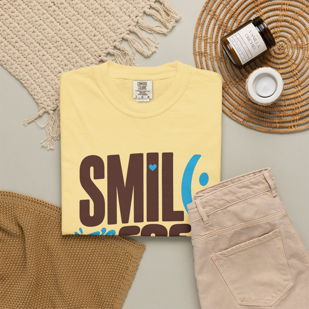 SMIL(: IT’S FREE. Brown & Bright Blue Garment-Dyed Graphic Tee