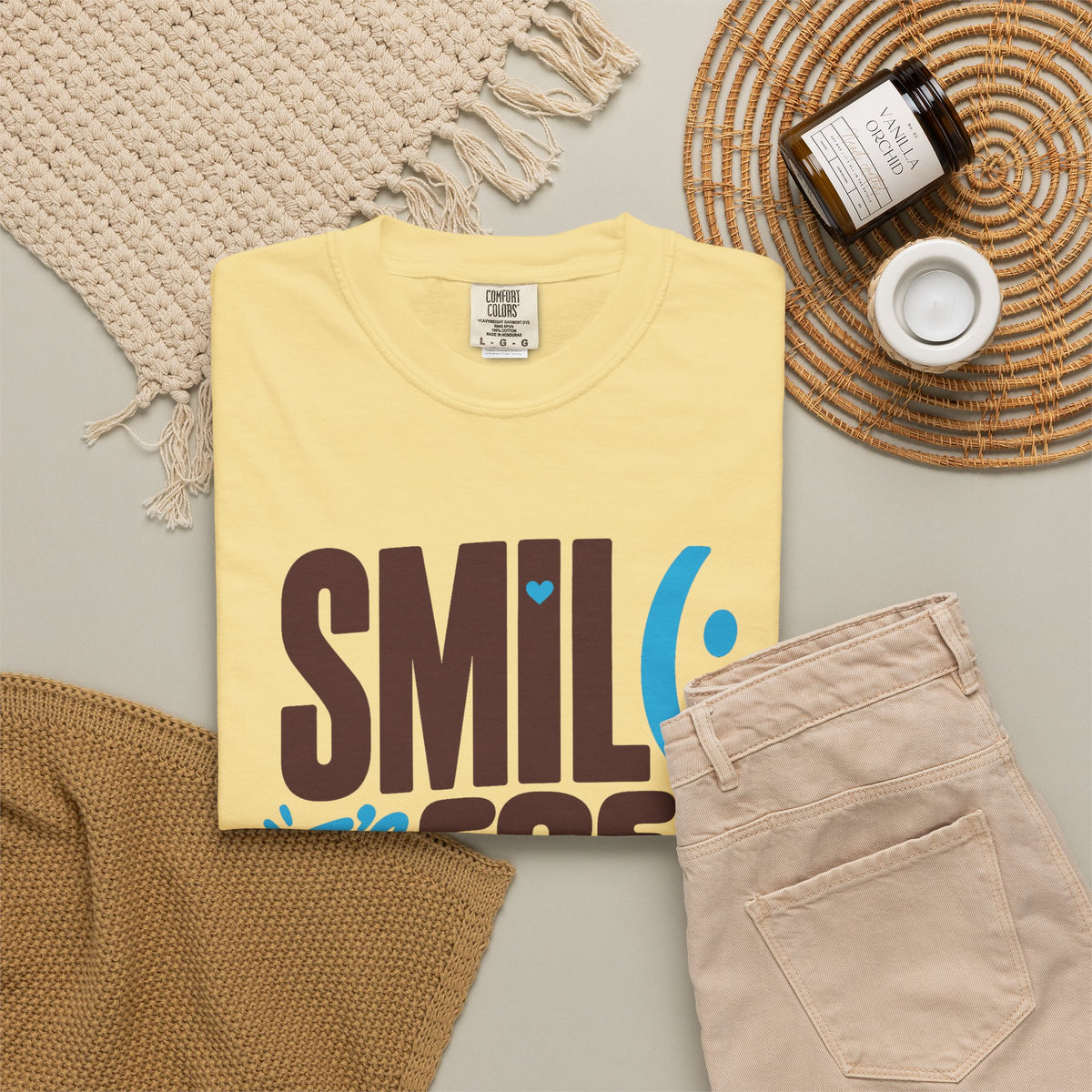SMIL(: IT’S FREE. Brown & Bright Blue Garment-Dyed Graphic Tee