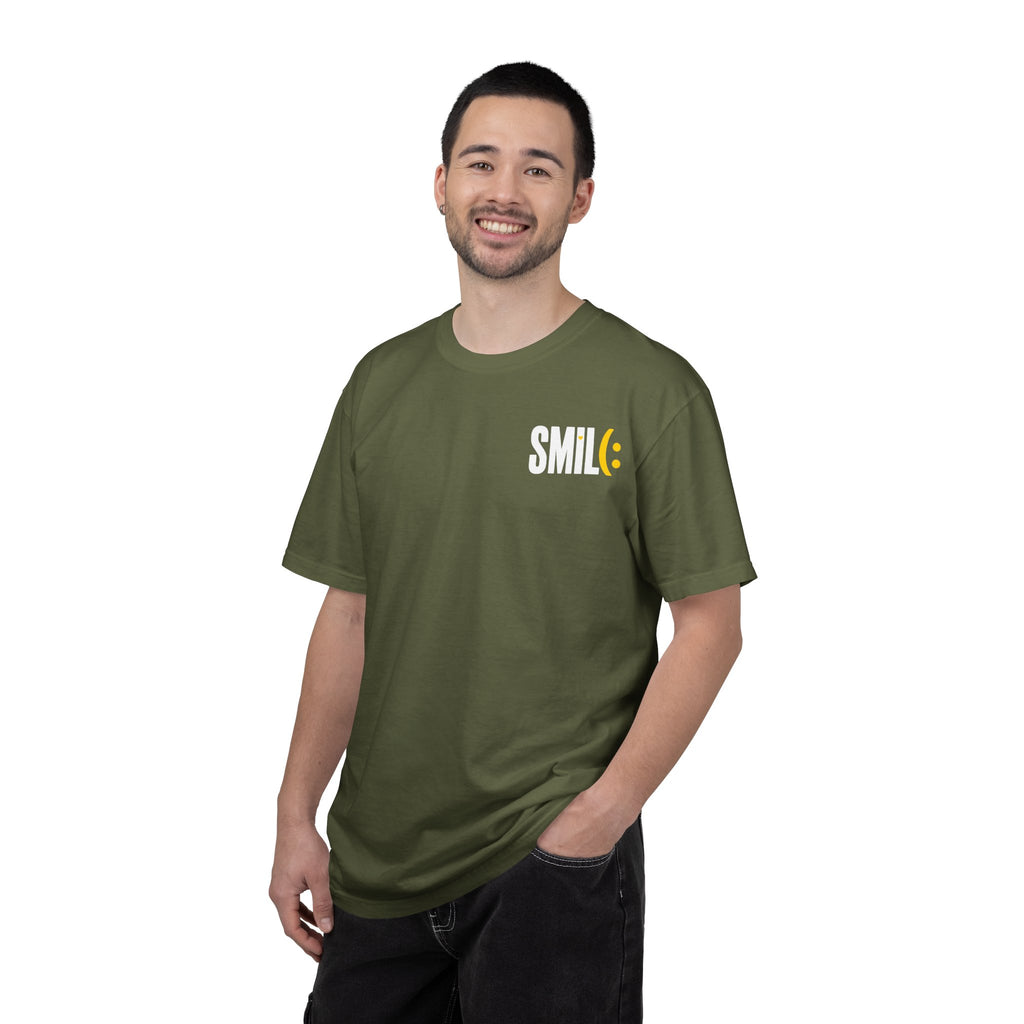 SMIL(: IT’S FREE. White & Yellow Front-and-Back Garment-Dyed Tee