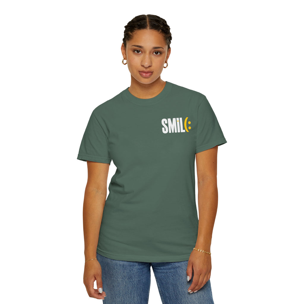 SMIL(: IT’S FREE. White & Yellow Front-and-Back Garment-Dyed Tee