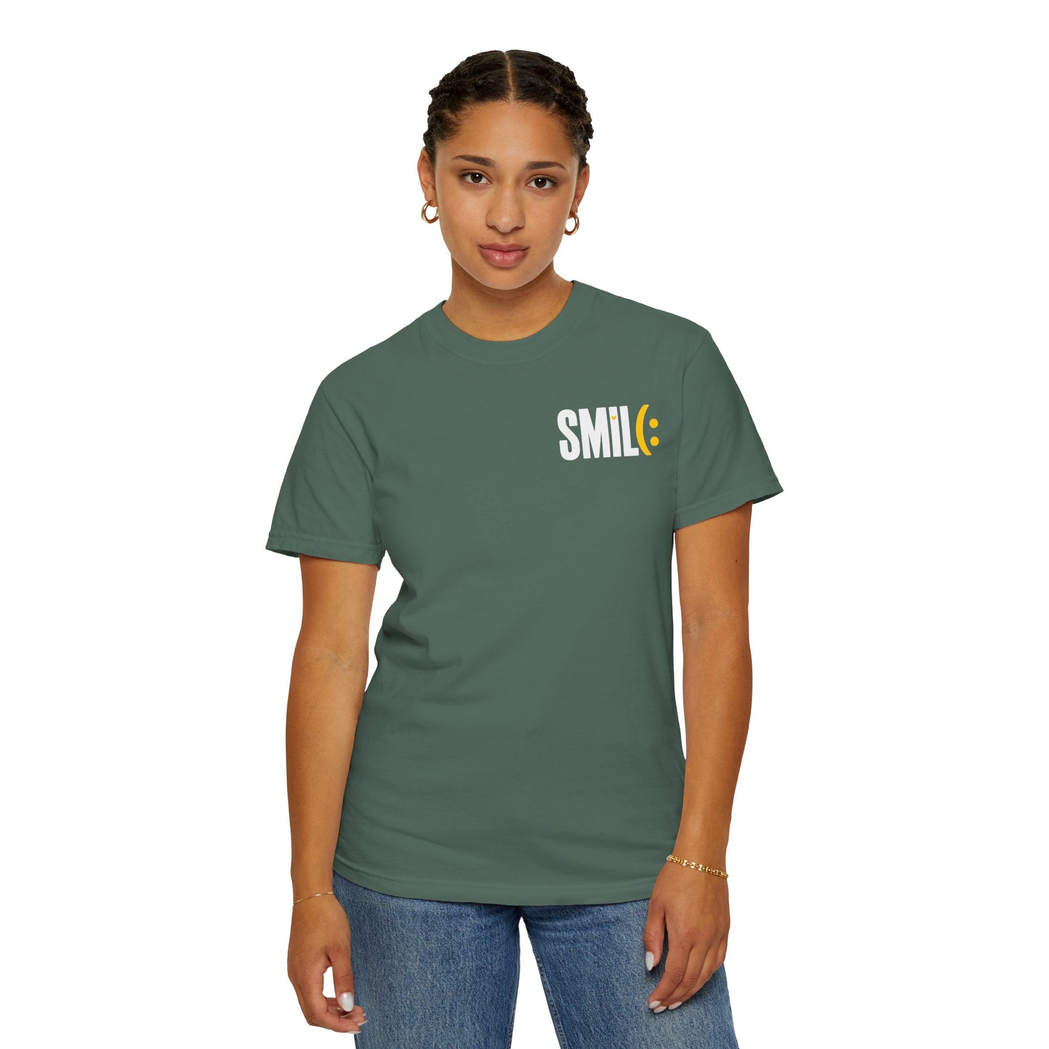 SMIL(: IT’S FREE. White & Yellow Front-and-Back Garment-Dyed Tee