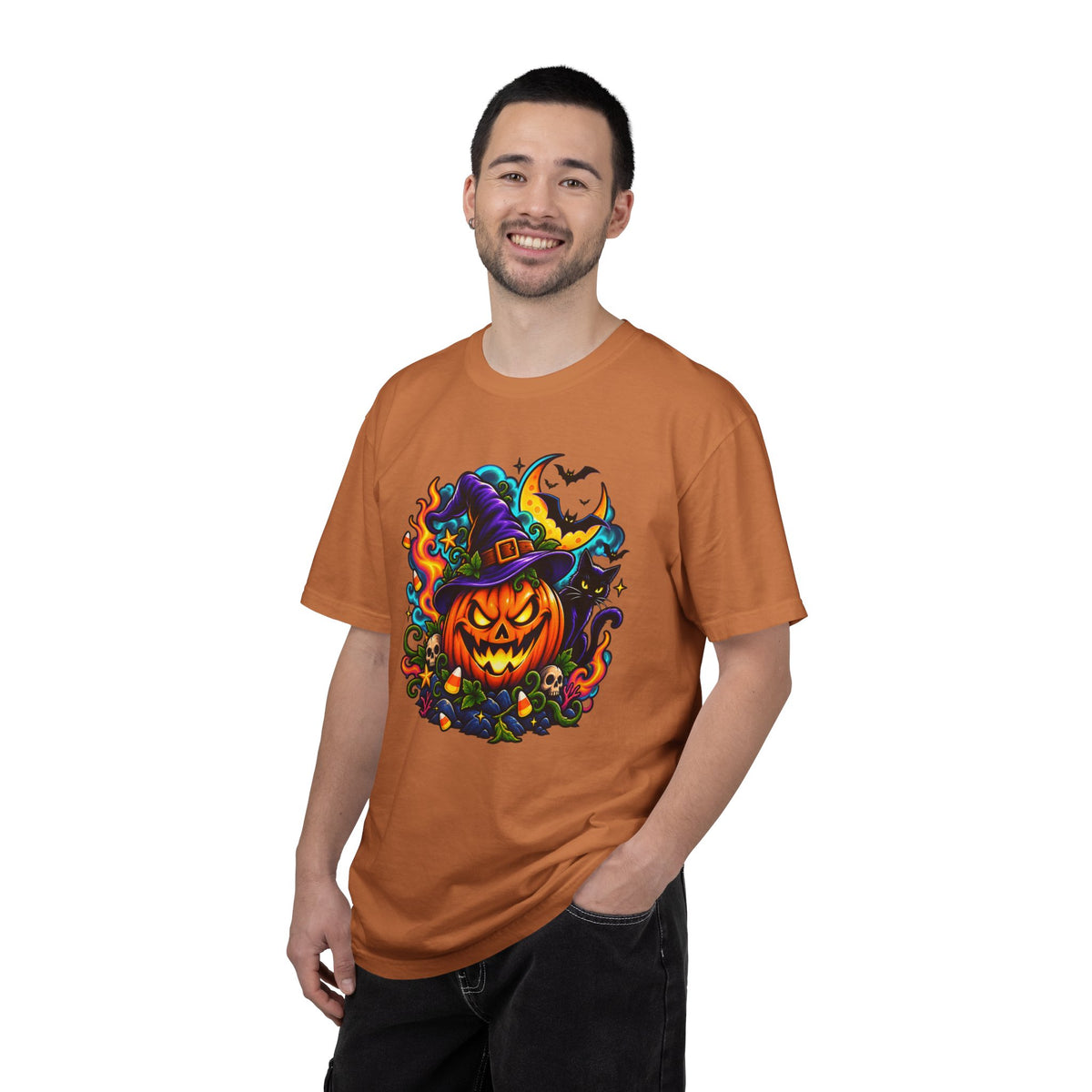 Unisex Halloween Pumpkin & Black Cat T-Shirt | Colorful Spooky Adult Tee