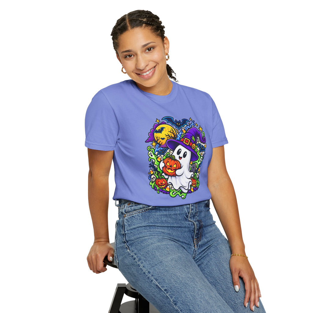 Unisex Halloween Ghost & Pumpkin Tee | Vibrant Spooky Adult Shirt