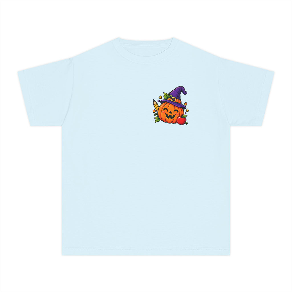 Kids Halloween Pumpkin Witch Hat Tee — Cute Jack-O'-Lantern with Apple & Pencils