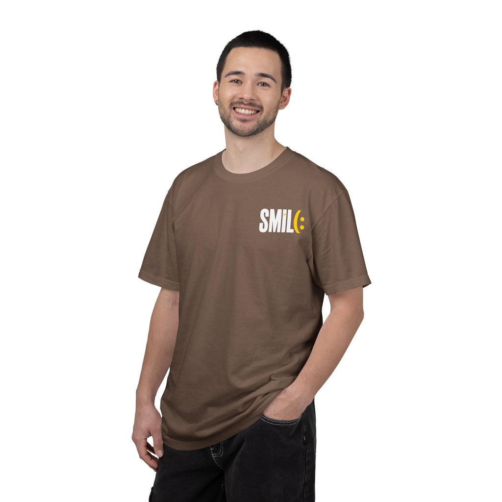 SMIL(: IT’S FREE. White & Yellow Front-and-Back Garment-Dyed Tee