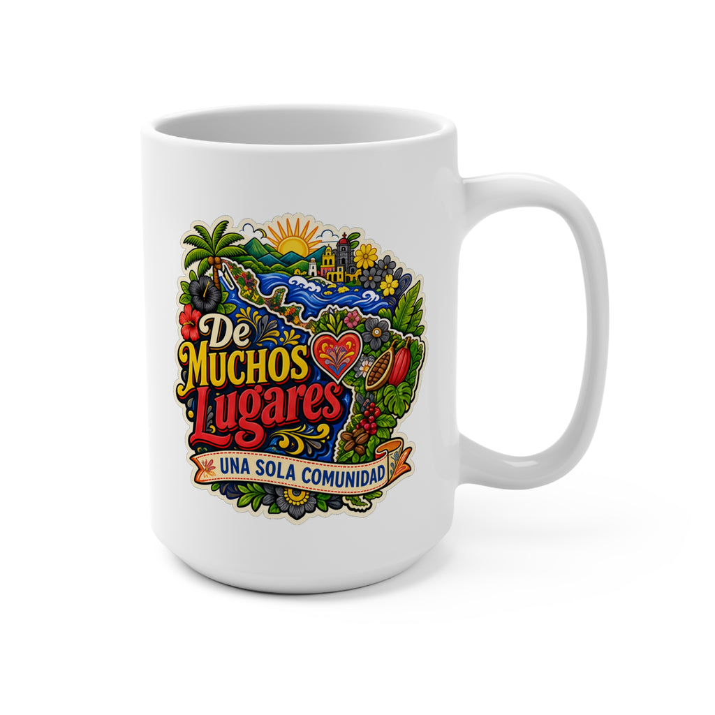De Muchos Lugares Mug - Una Sola Comunidad Coffee Cup - Latino Heritage Gift for Hispanic Families, Immigrants and Culture Lovers