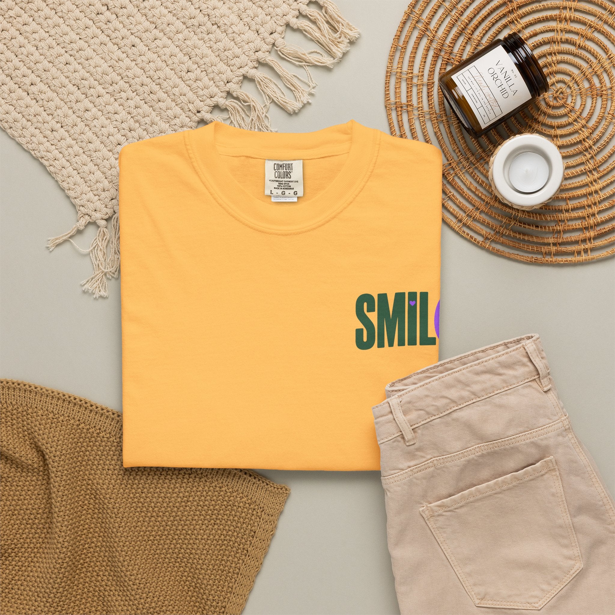 SMIL(: IT’S FREE. Green & Purple Front-and-Back Garment-Dyed Tee