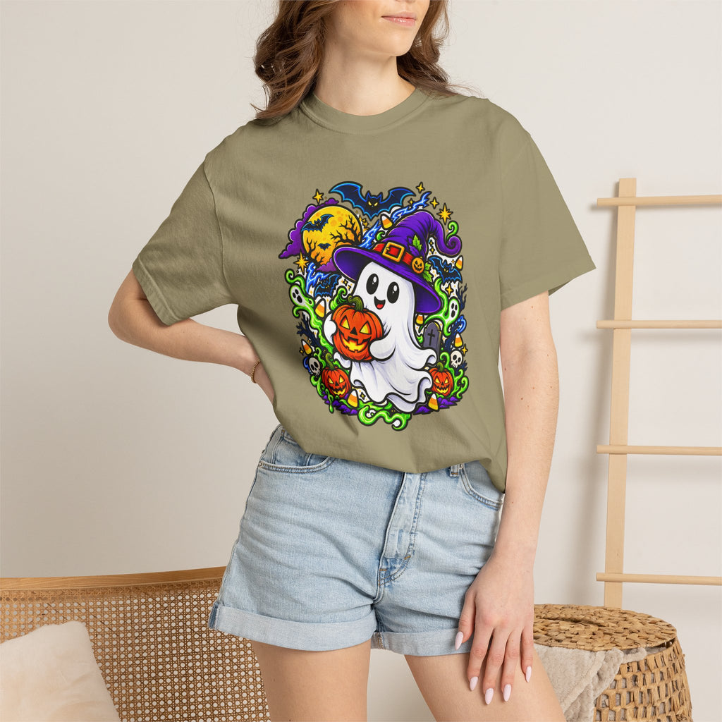 Unisex Halloween Ghost & Pumpkin Tee | Vibrant Spooky Adult Shirt