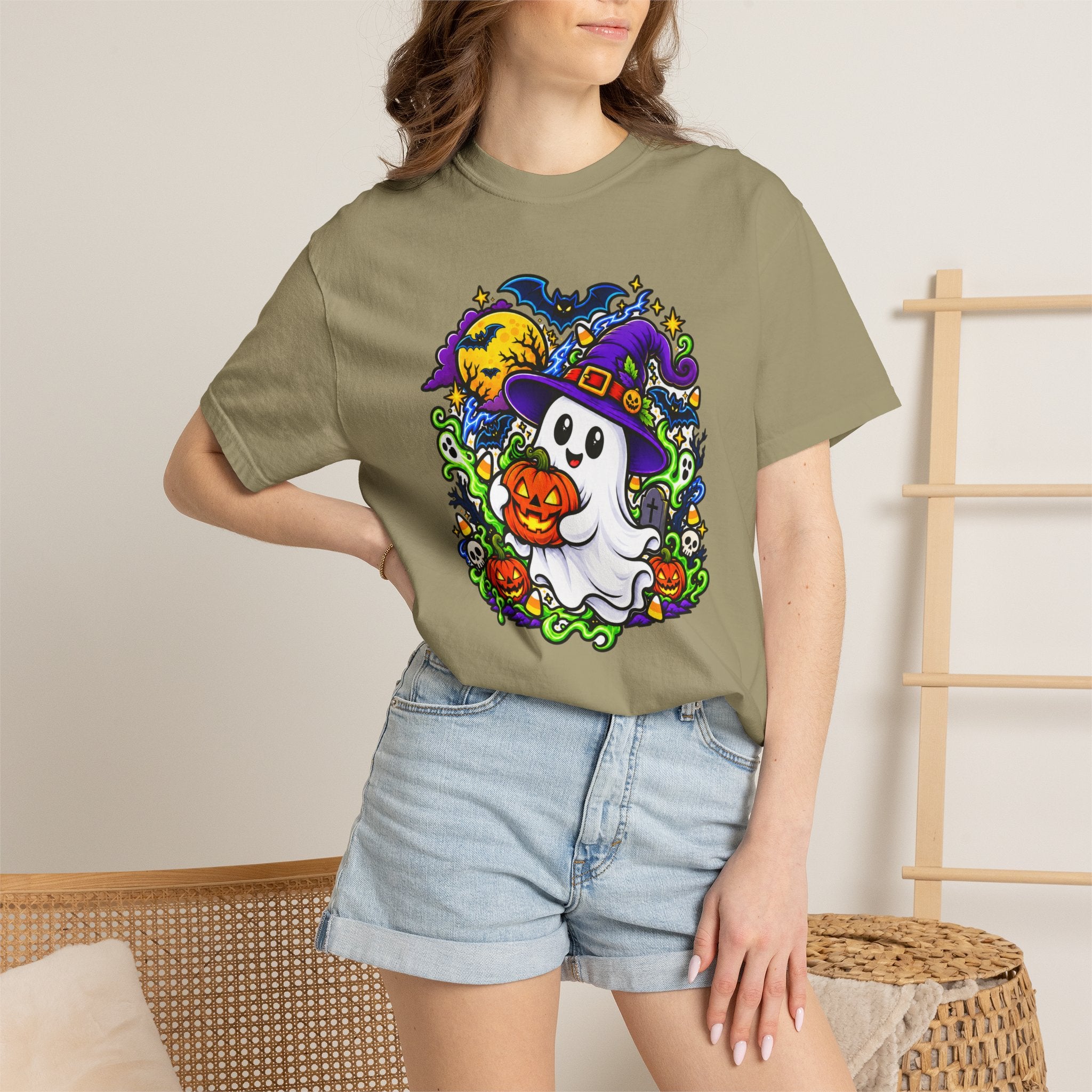 Unisex Halloween Ghost & Pumpkin Tee | Vibrant Spooky Adult Shirt