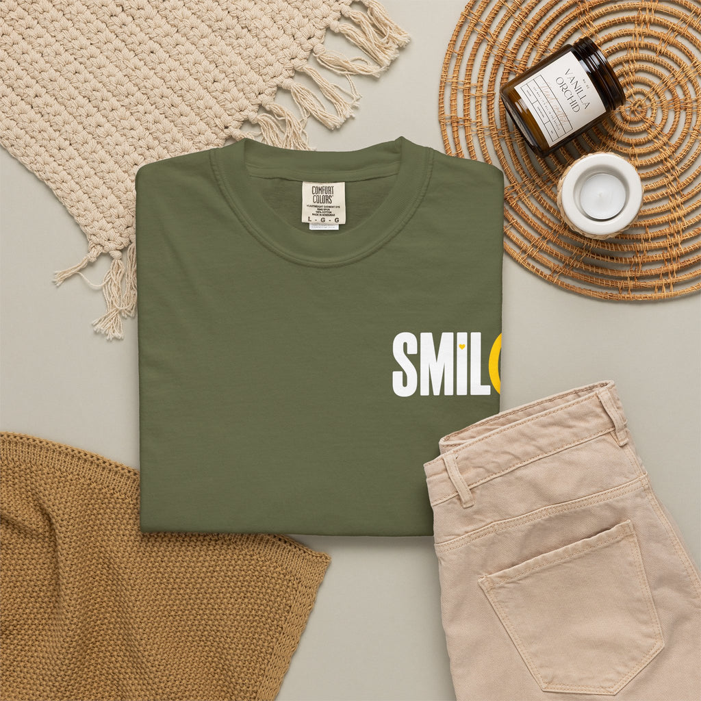 SMIL(: IT’S FREE. White & Yellow Front-and-Back Garment-Dyed Tee
