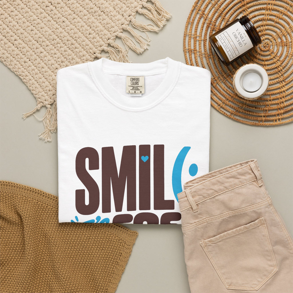 SMIL(: IT’S FREE. Brown & Bright Blue Garment-Dyed Graphic Tee