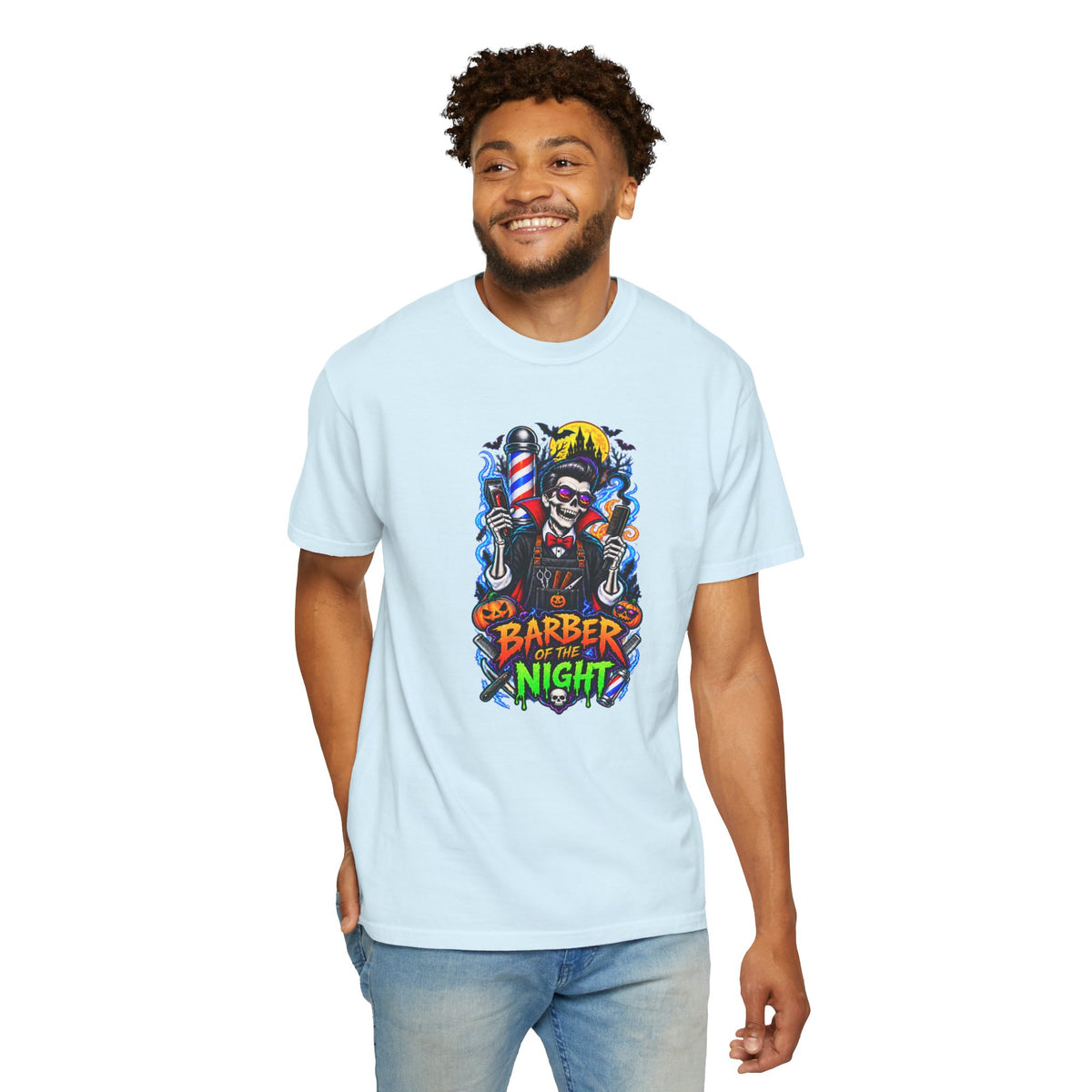 Barber of the Night Halloween Tee – Adult Unisex Barbershop Shirt