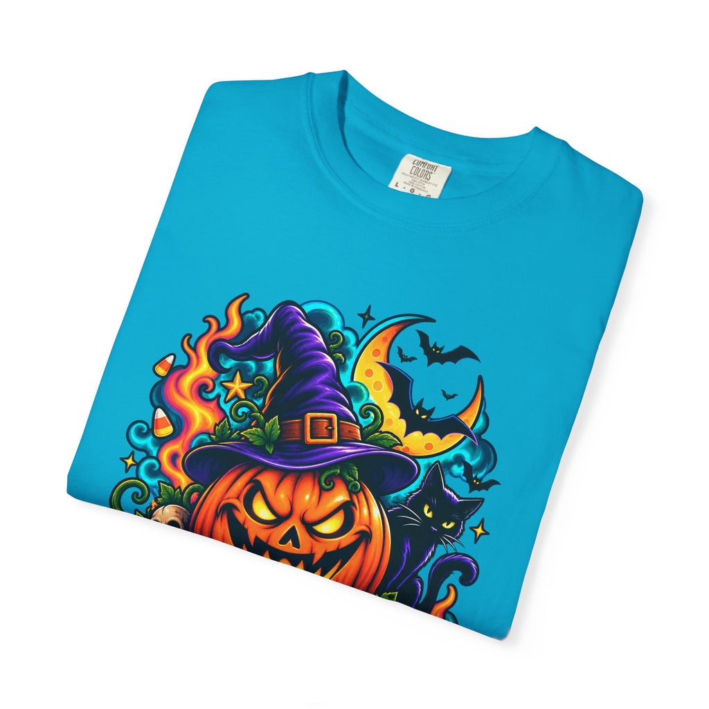 Unisex Halloween Pumpkin & Black Cat T-Shirt | Colorful Spooky Adult Tee
