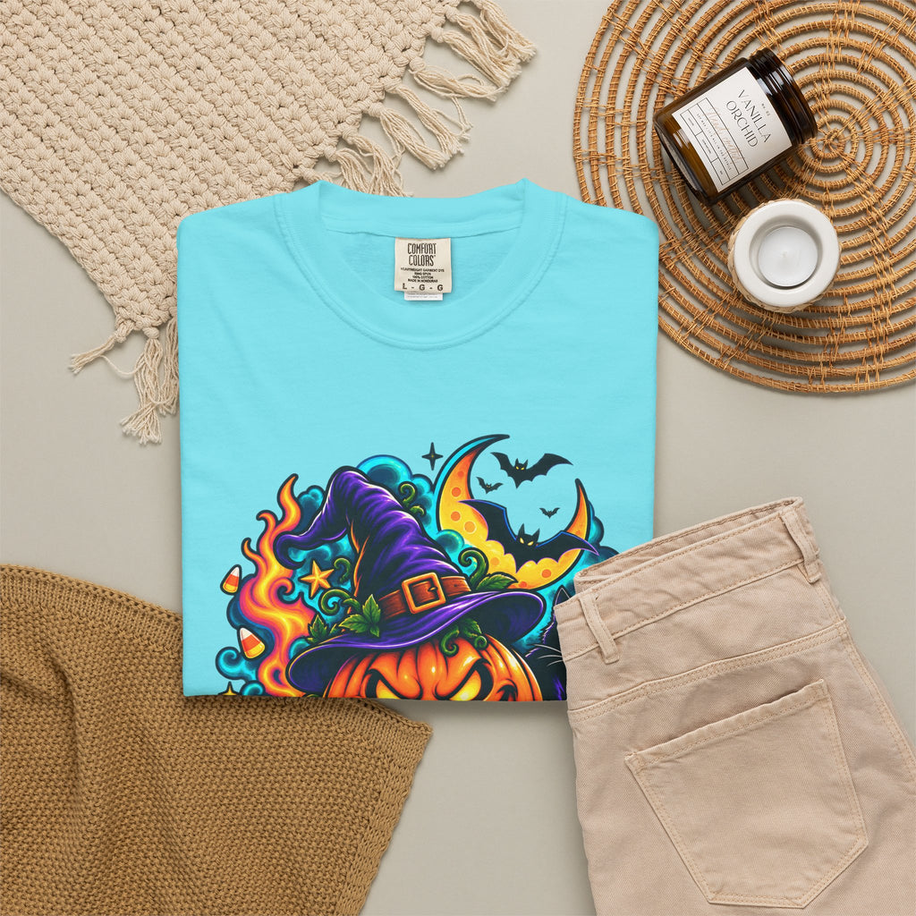 Unisex Halloween Pumpkin & Black Cat T-Shirt | Colorful Spooky Adult Tee