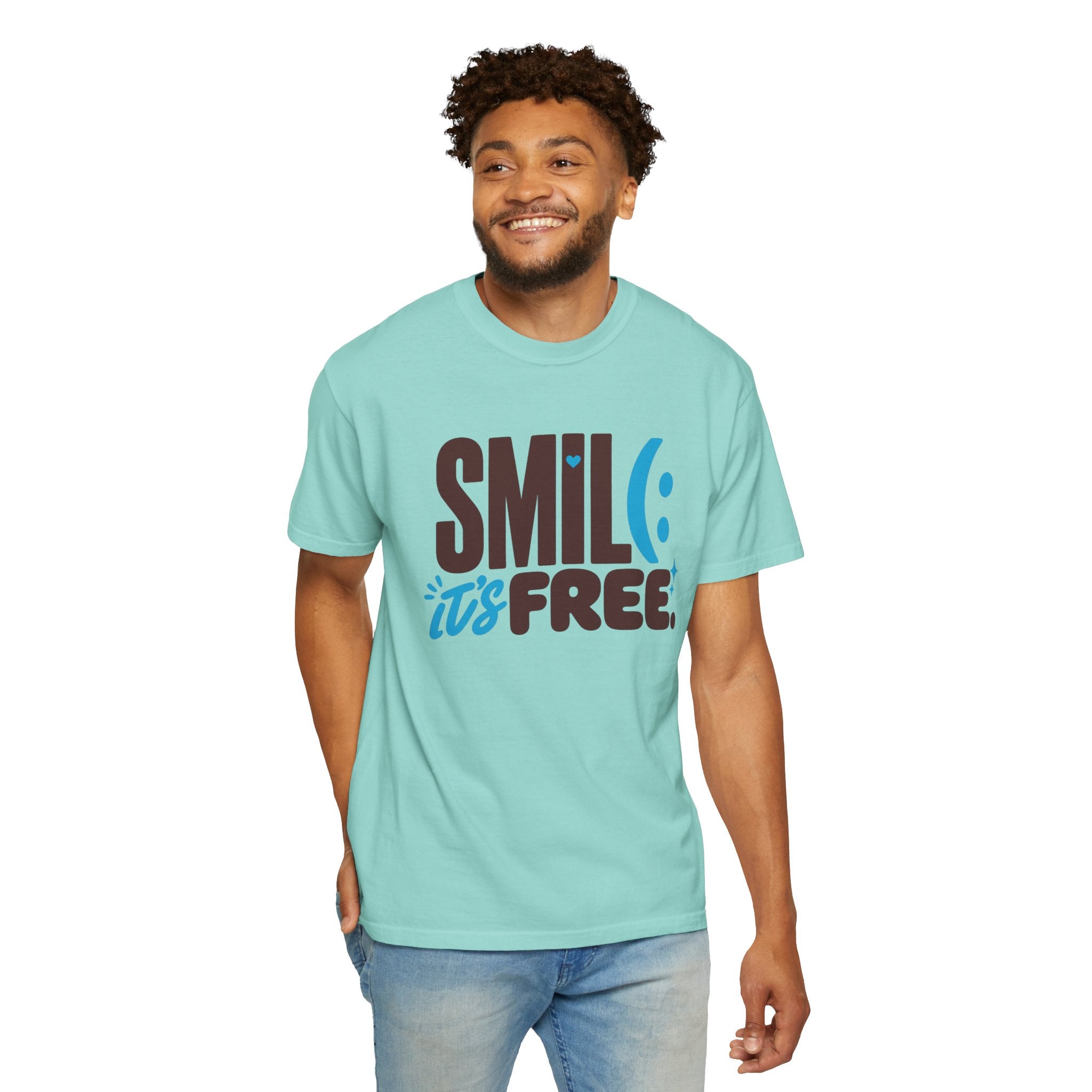 SMIL(: IT’S FREE. Brown & Bright Blue Garment-Dyed Graphic Tee