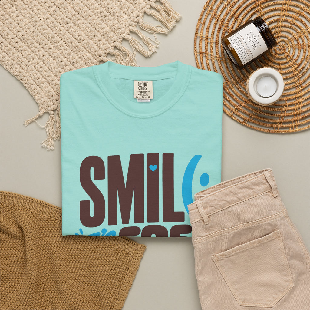 SMIL(: IT’S FREE. Brown & Bright Blue Garment-Dyed Graphic Tee