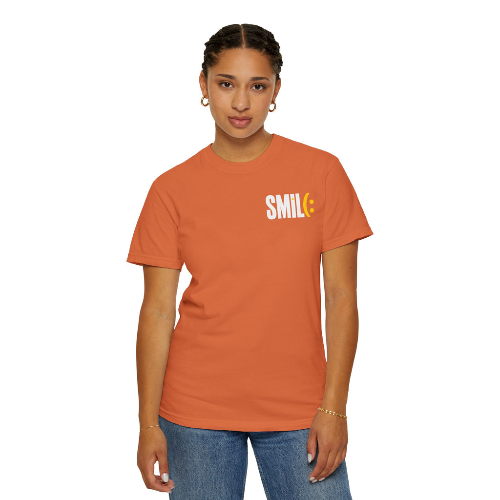 SMIL(: IT’S FREE. White & Yellow Front-and-Back Garment-Dyed Tee