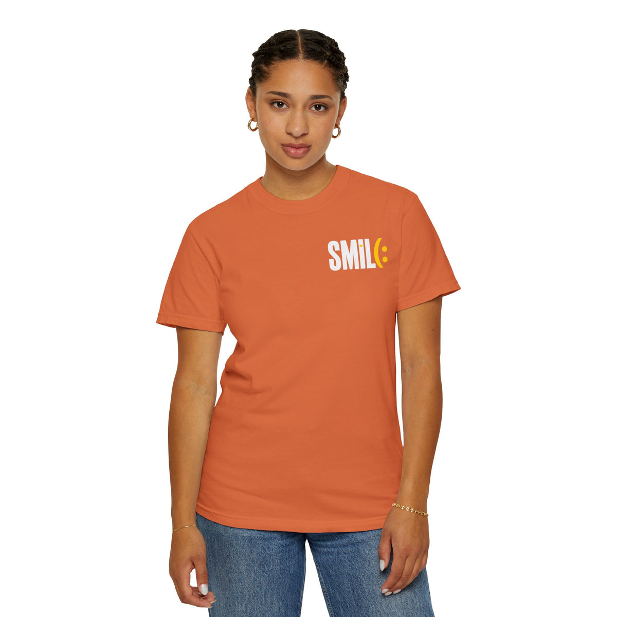 SMIL(: IT’S FREE. White & Yellow Front-and-Back Garment-Dyed Tee