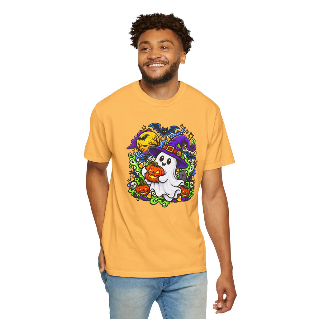 Unisex Halloween Ghost & Pumpkin Tee | Vibrant Spooky Adult Shirt