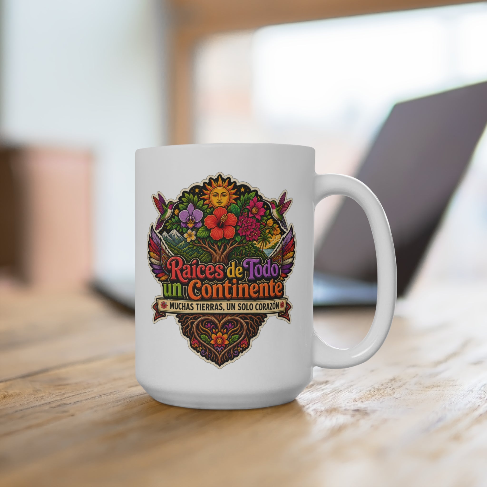 Raíces de Todo un Continente Mug - Muchas Tierras Un Solo Corazón Coffee Cup - Latino Heritage Gift for Hispanic Families, Immigrants and Culture Lovers