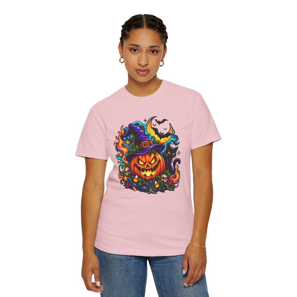 Unisex Halloween Pumpkin & Black Cat T-Shirt | Colorful Spooky Adult Tee
