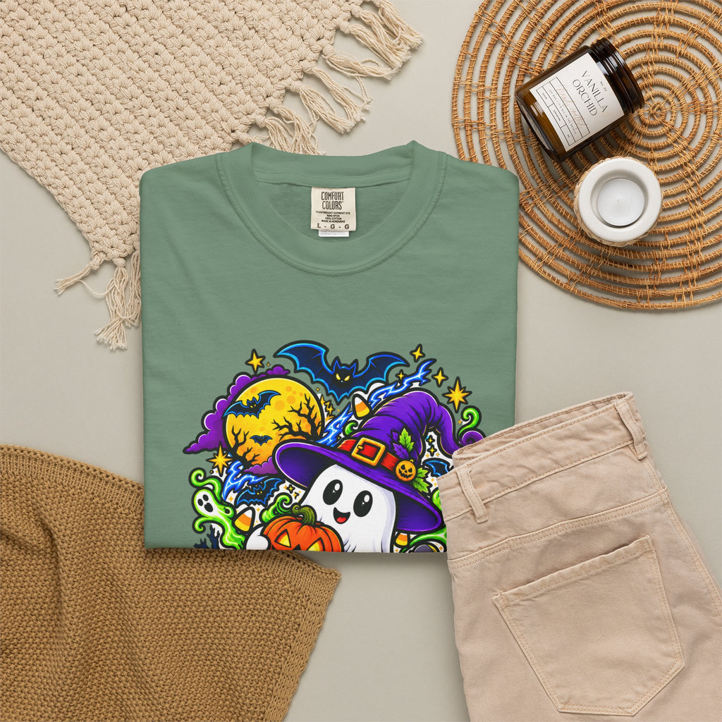 Unisex Halloween Ghost & Pumpkin Tee | Vibrant Spooky Adult Shirt