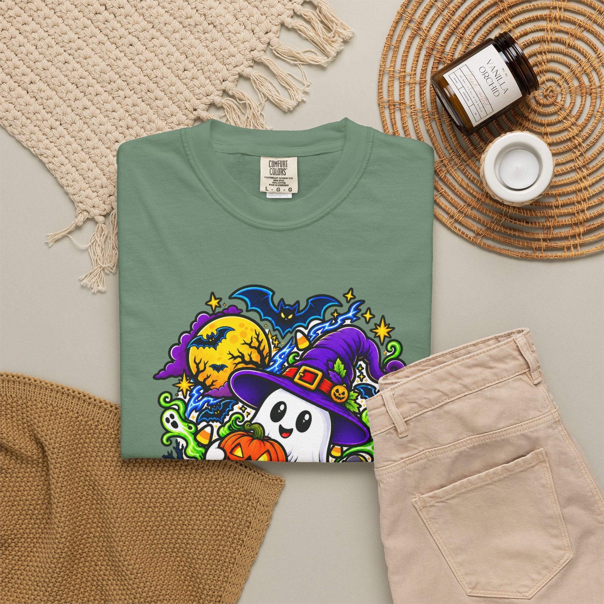 Unisex Halloween Ghost & Pumpkin Tee | Vibrant Spooky Adult Shirt
